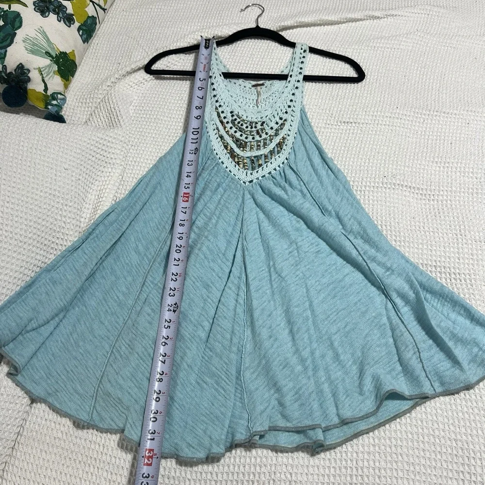 RARE Free People Crochet Beaded Neck Swing Tunic‎ Tank Top Blouse Aqua Blue XS